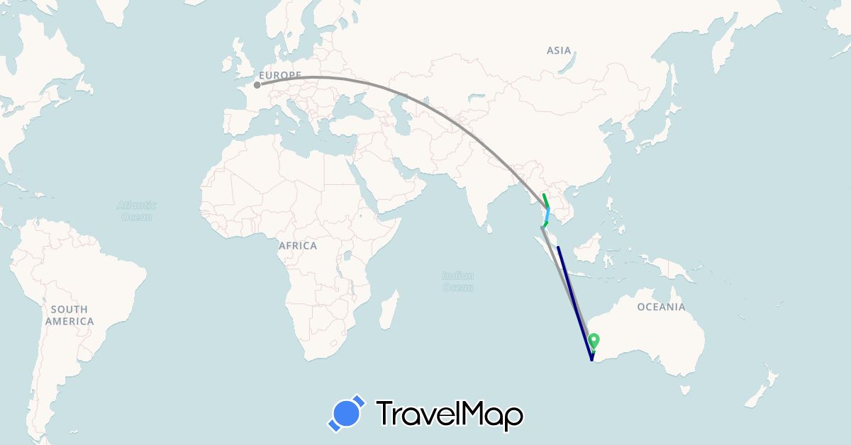 TravelMap itinerary: driving, bus, plane, train, boat in Australia, France, Singapore, Thailand (Asia, Europe, Oceania)